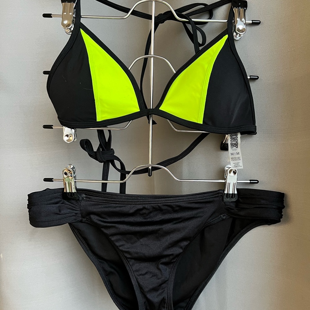 Victoria's Secret Green and Black Bikini Performance Swimwear
